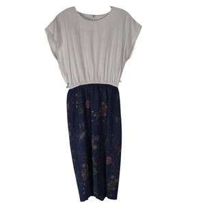 Vintage Dress Savvy New York Midi Dress Women's White Navy Floral Cap Sleeve USA